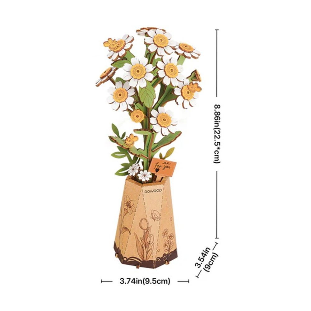 Modello di bouquet di fiori in legno in vaso con etichetta 'Per Te'. Dimensioni.