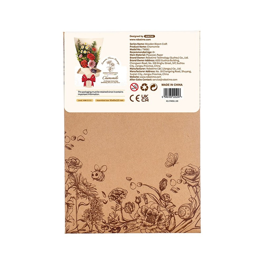 Embalaje de kit de manualidades de flores, con información del producto e ilustraciones.