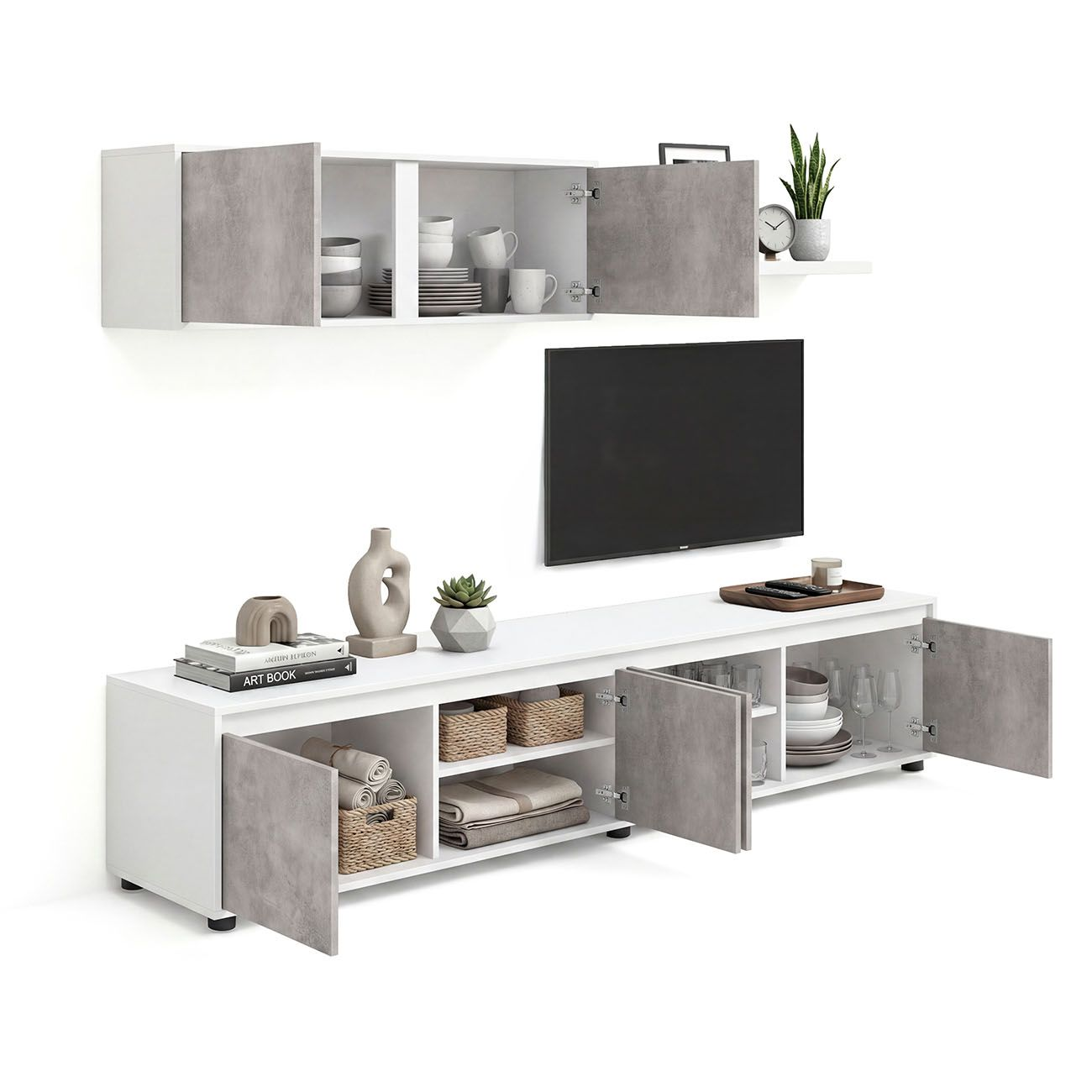 Un mueble de TV blanco con puertas grises, abierto y cerrado, con vajilla y cestas.