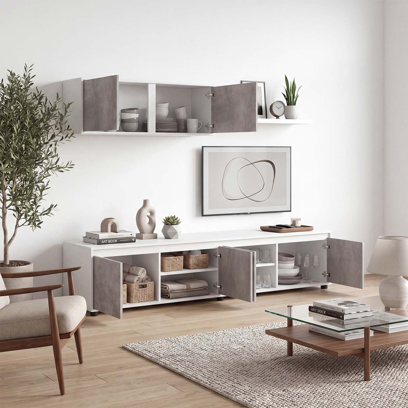 Sala de estar moderna con consola multimedia blanca, estantes, sillón y mesa de café.