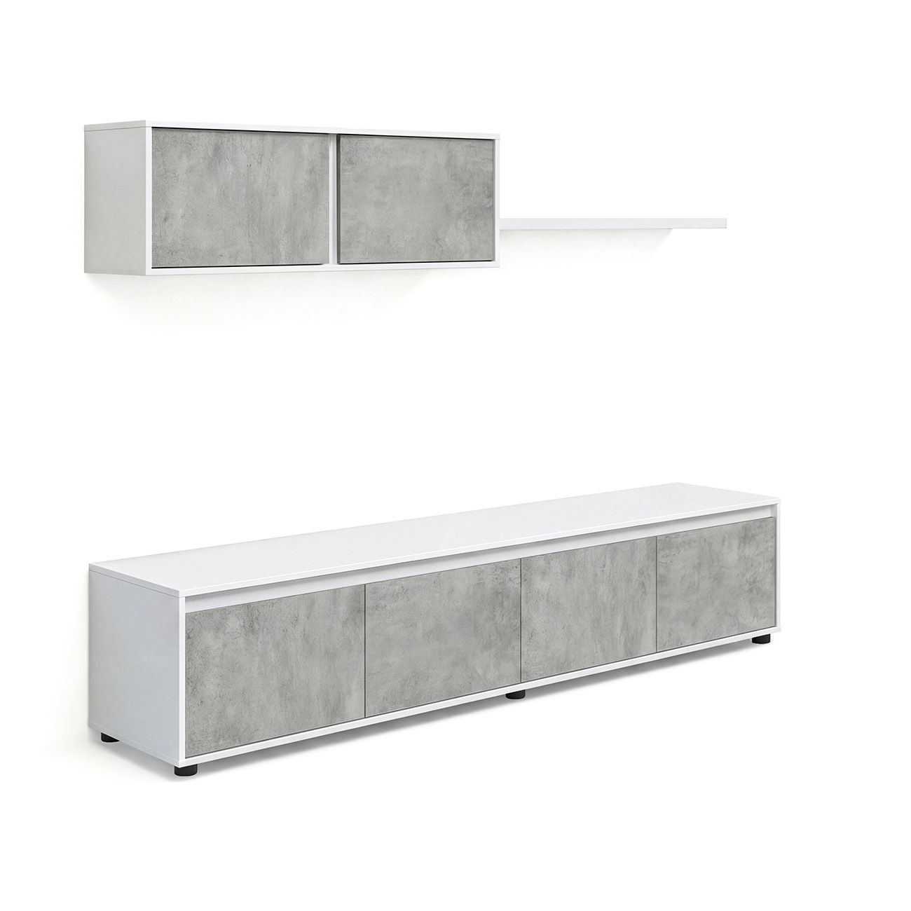 Un mueble blanco de pared con puertas de hormigón gris y un mueble bajo blanco largo con cuatro puertas grises.