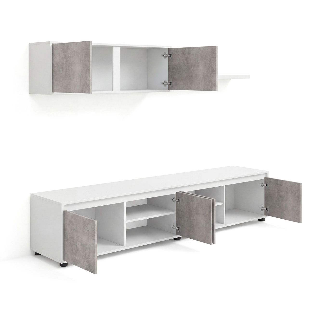 Muebles blancos de pared y suelo con frentes grises. Puertas abiertas.