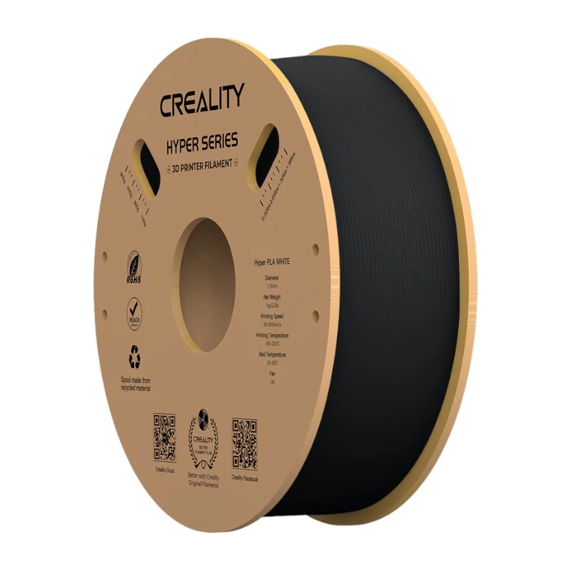Una bobina di filamento nero per stampante 3D Creality con etichettatura bianca.