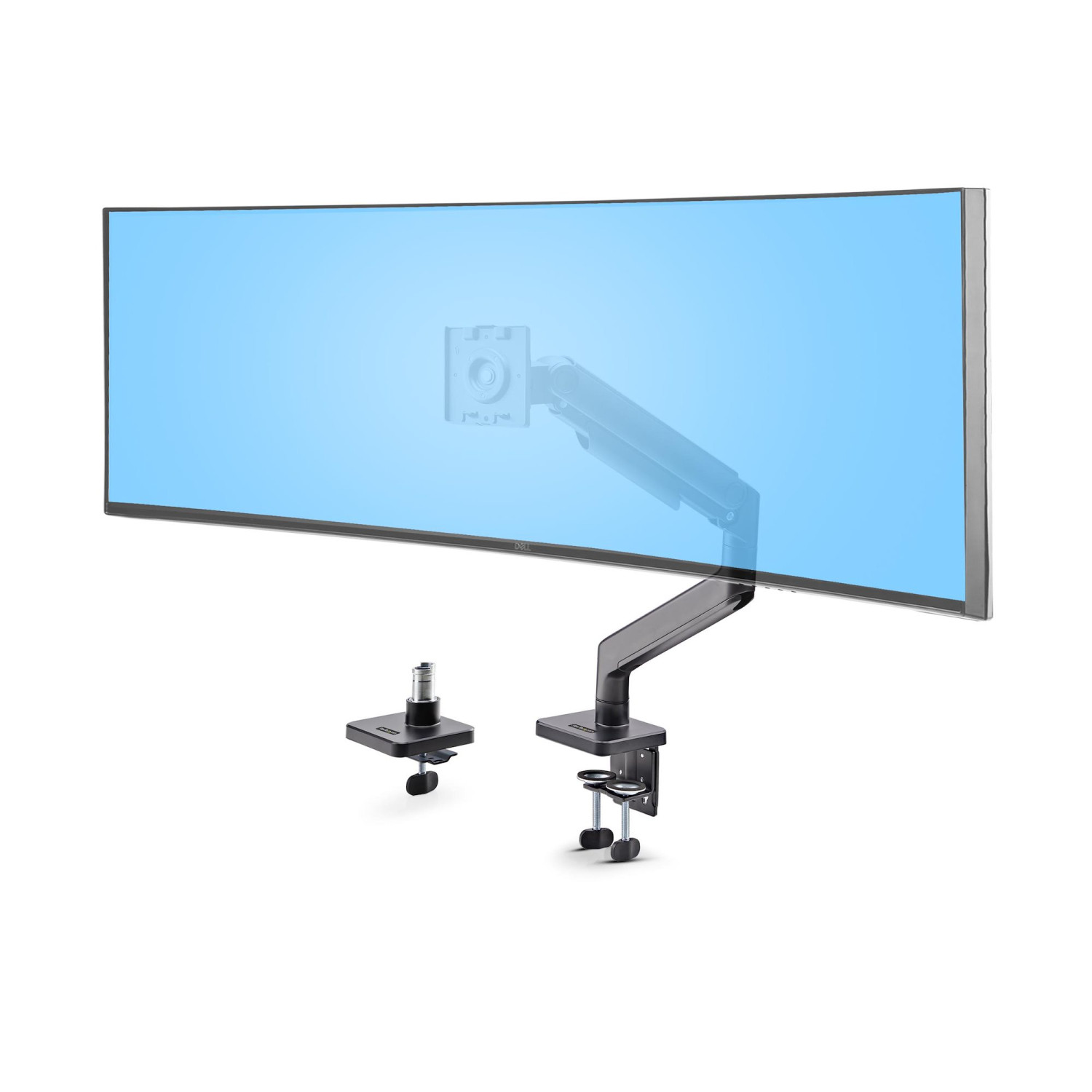 Un monitor curvo con due supporti, uno attaccato.