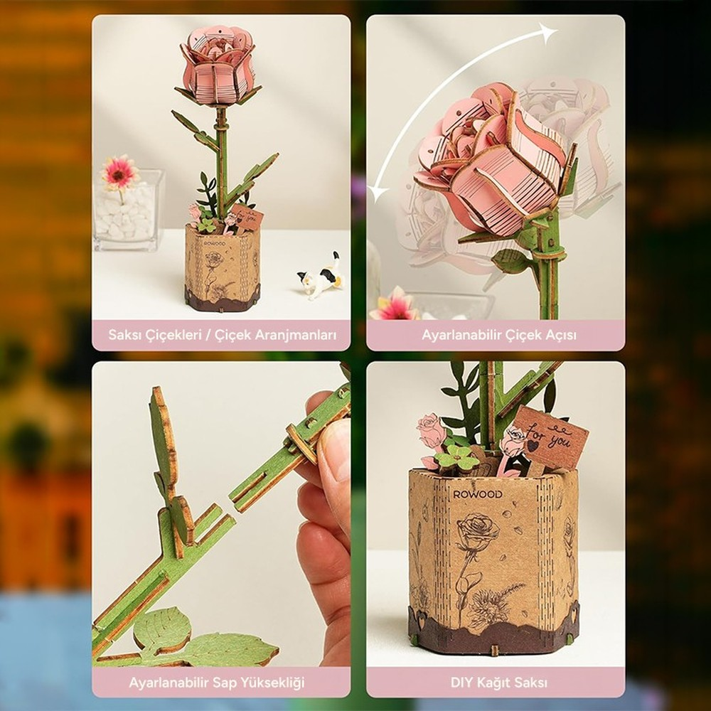 Un kit de manualidades de rosa de madera con tallo y ángulo ajustables.