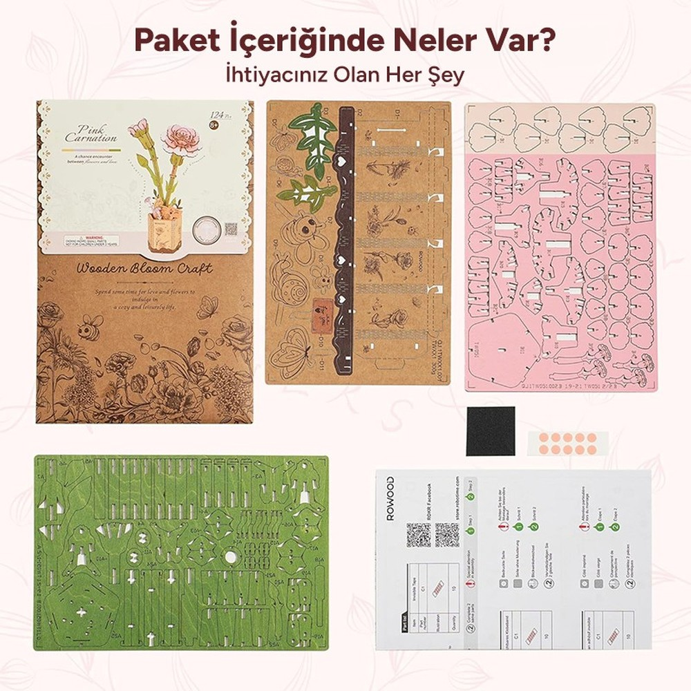 Kit de manualidades de madera con tema de flores: instrucciones, láminas de madera, tablero verde.