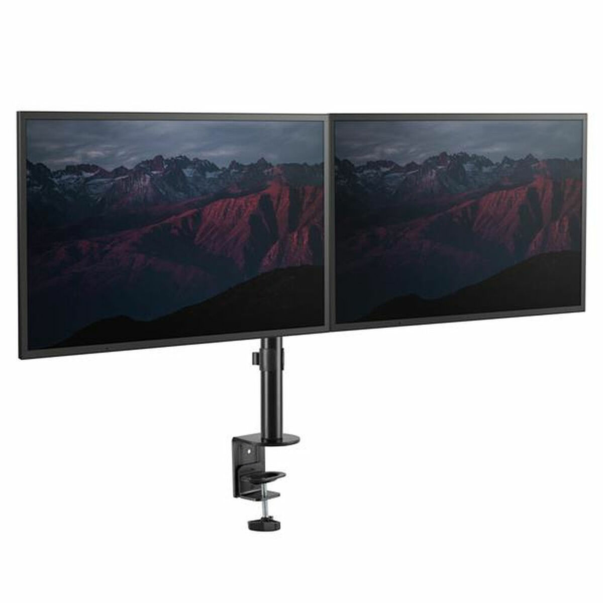 Due monitor montati su un braccio nero fissato a un morsetto.
