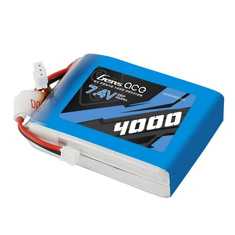 Niebieska bateria Gens Ace z napisem 7.4V, 4000 i przewodami.