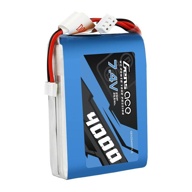 Niebieski akumulator Gens Ace 7,4V 4000mAh z czarnymi i czerwonymi przewodami.