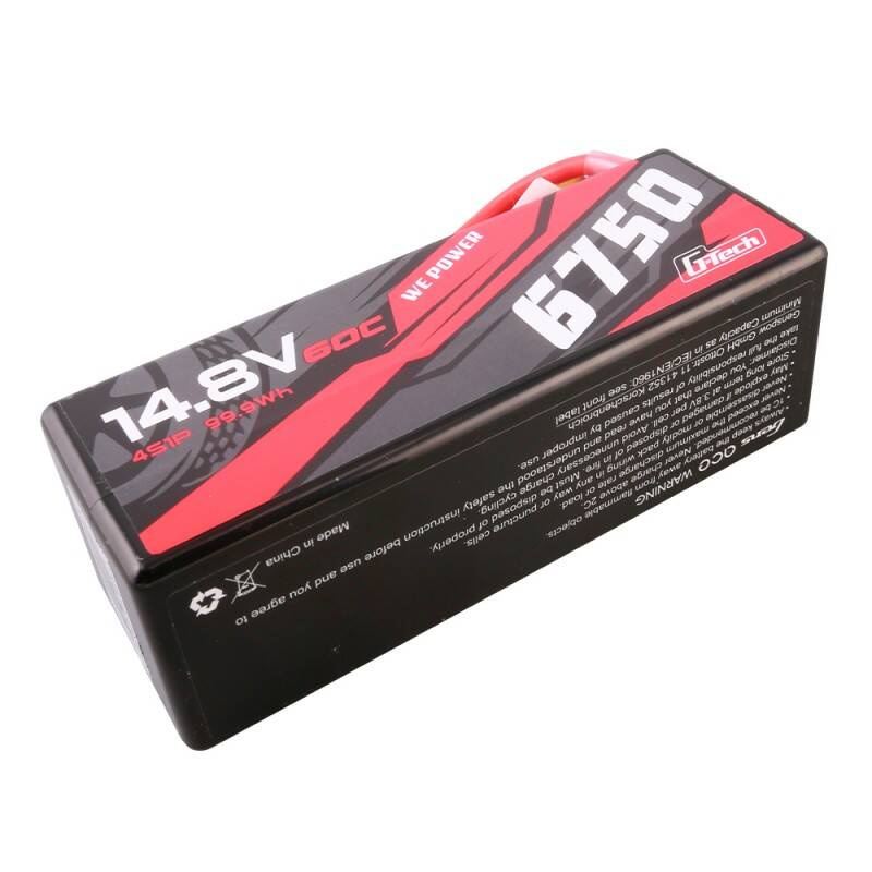 Czarna bateria z czerwonymi i szarymi akcentami. Opis: 14.8V 60C 4S1P 99.9Wh, 6750.