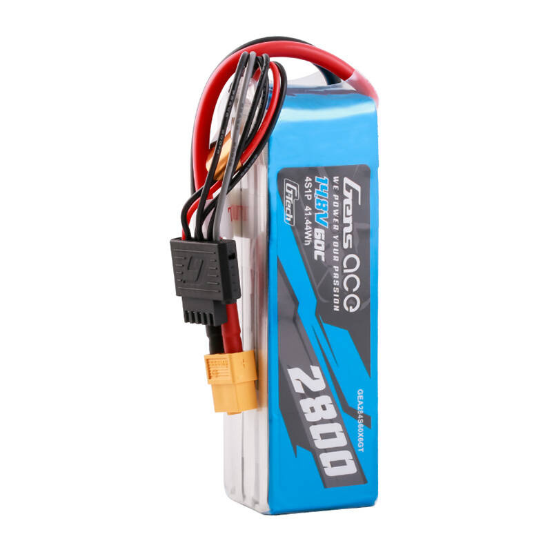 Niebieski pakiet baterii LiPo Gens Ace, 14,8V, 2800mAh, z czarnymi i czerwonymi przewodami.