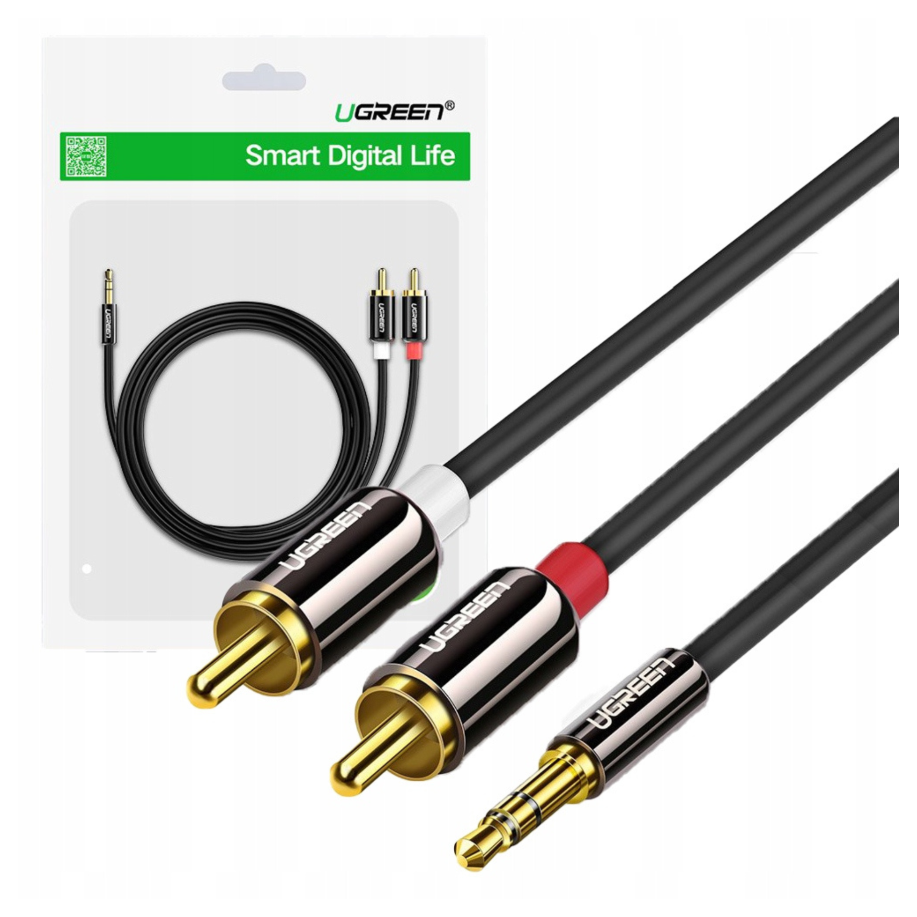 Czarny kabel audio z wtykiem 3,5 mm i złączami RCA, pozłacany.