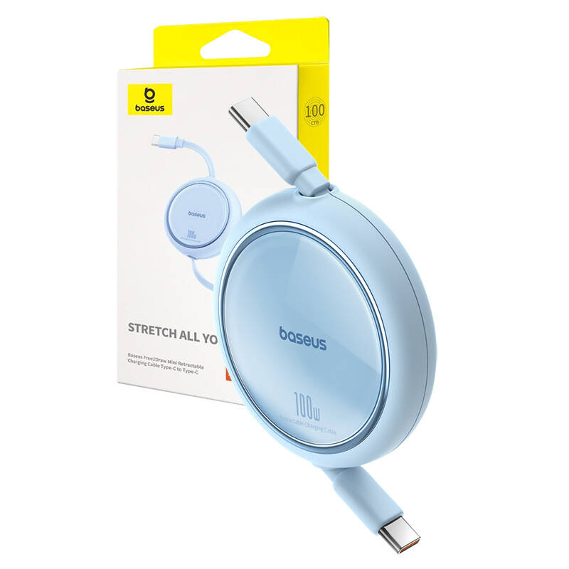Cavo di ricarica USB-C retrattile Baseus azzurro, 100W, 100cm, con confezione.