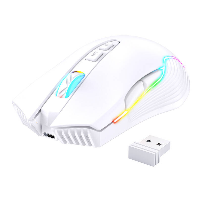 Mouse wireless bianco con illuminazione RGB e dongle USB.