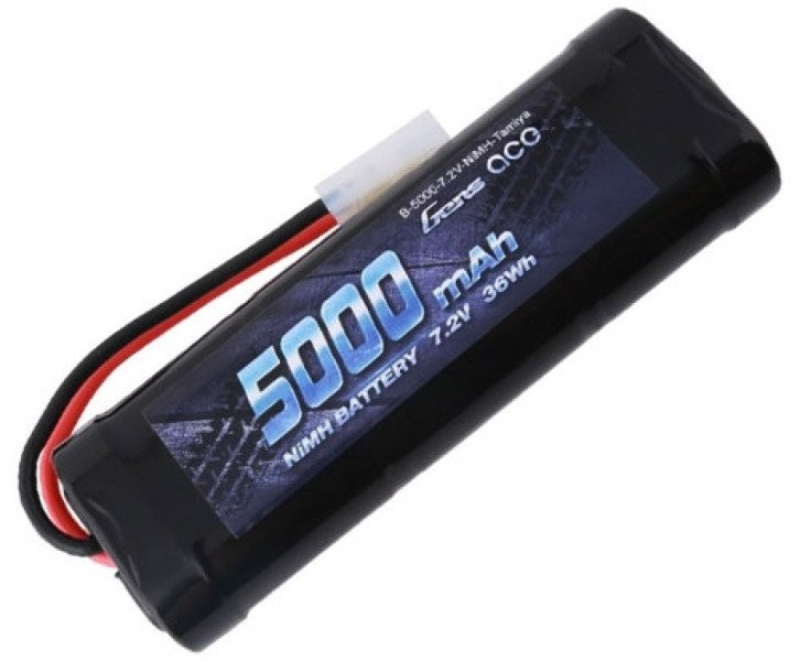 Czarna bateria NiMH, 5000 mAh, 7,2V z czerwonymi i czarnymi przewodami.
