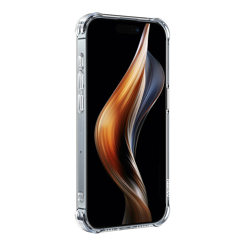 Przezroczyste etui na telefon z nowoczesną, abstrakcyjną tapetą w płynnych kolorach.