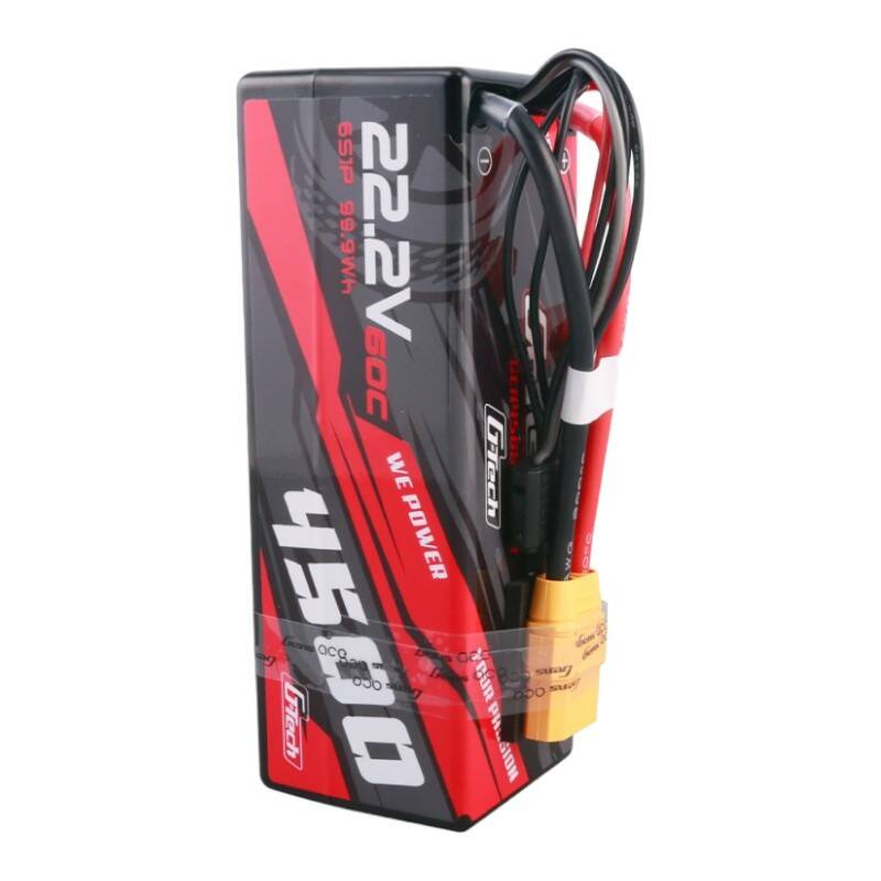 Czarno-czerwony akumulator z etykietami 22,2V 60C 4500mAh i przewodami.