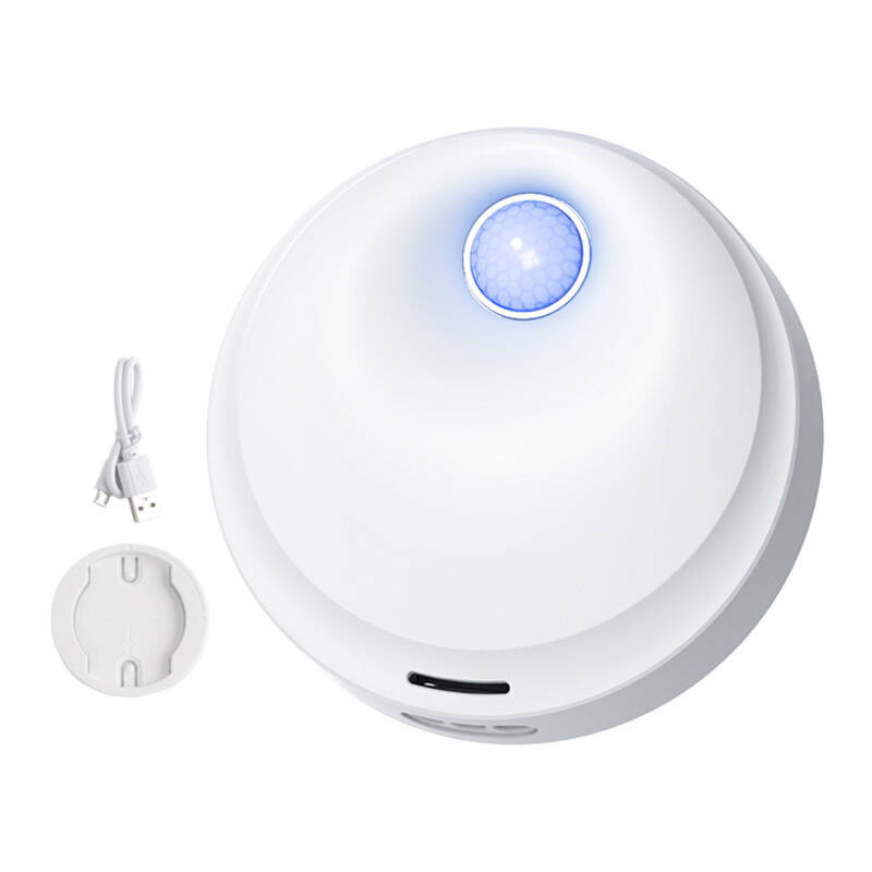 Sensore di movimento rotondo bianco con luce blu, cavo USB e supporto.