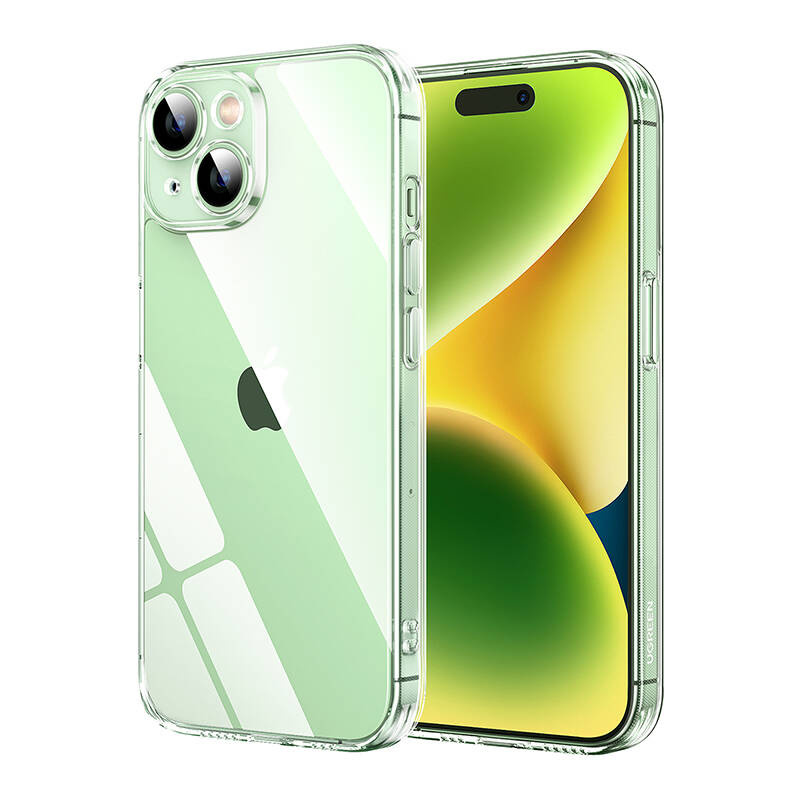 Una custodia trasparente per iPhone con sfondo verde e giallo.