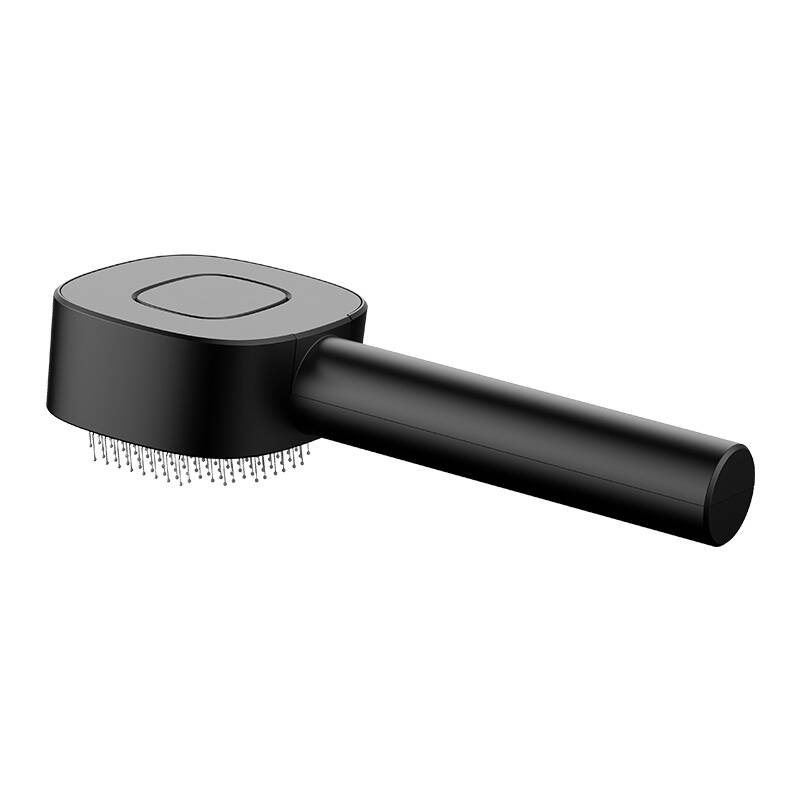 Strumento per la toelettatura nero con testa piatta e setole metalliche, su sfondo bianco.