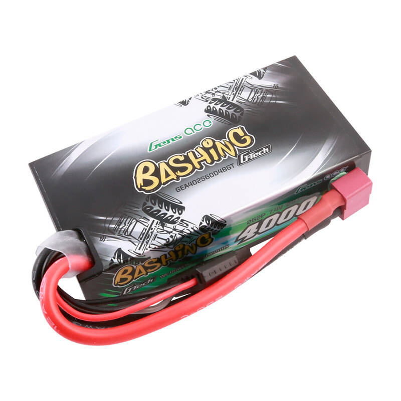 Akumulator Gens Ace 4000mAh 7.4V LiPo z czerwonymi i czarnymi przewodami.