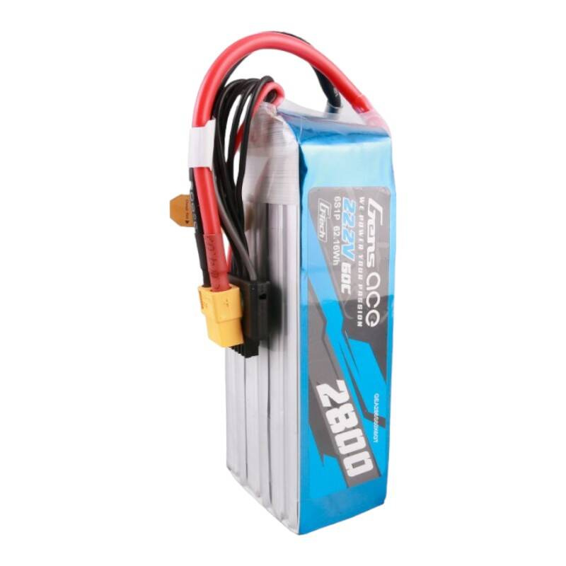 Niebiesko-srebrna bateria LiPo Gens Ace 22,2V 6S z czerwonymi i czarnymi przewodami.