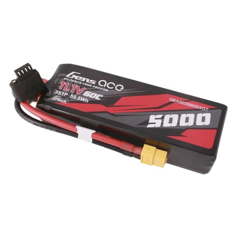 Bateria Gens Ace 11,1V 60C 5000mAh LiPo z czerwonymi i czarnymi przewodami oraz żółtym złączem.