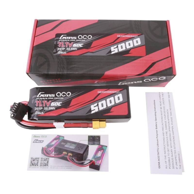 Akumulator LiPo Gens Ace 11.1V 5000mAh z pudełkiem, instrukcją i ładowarką.