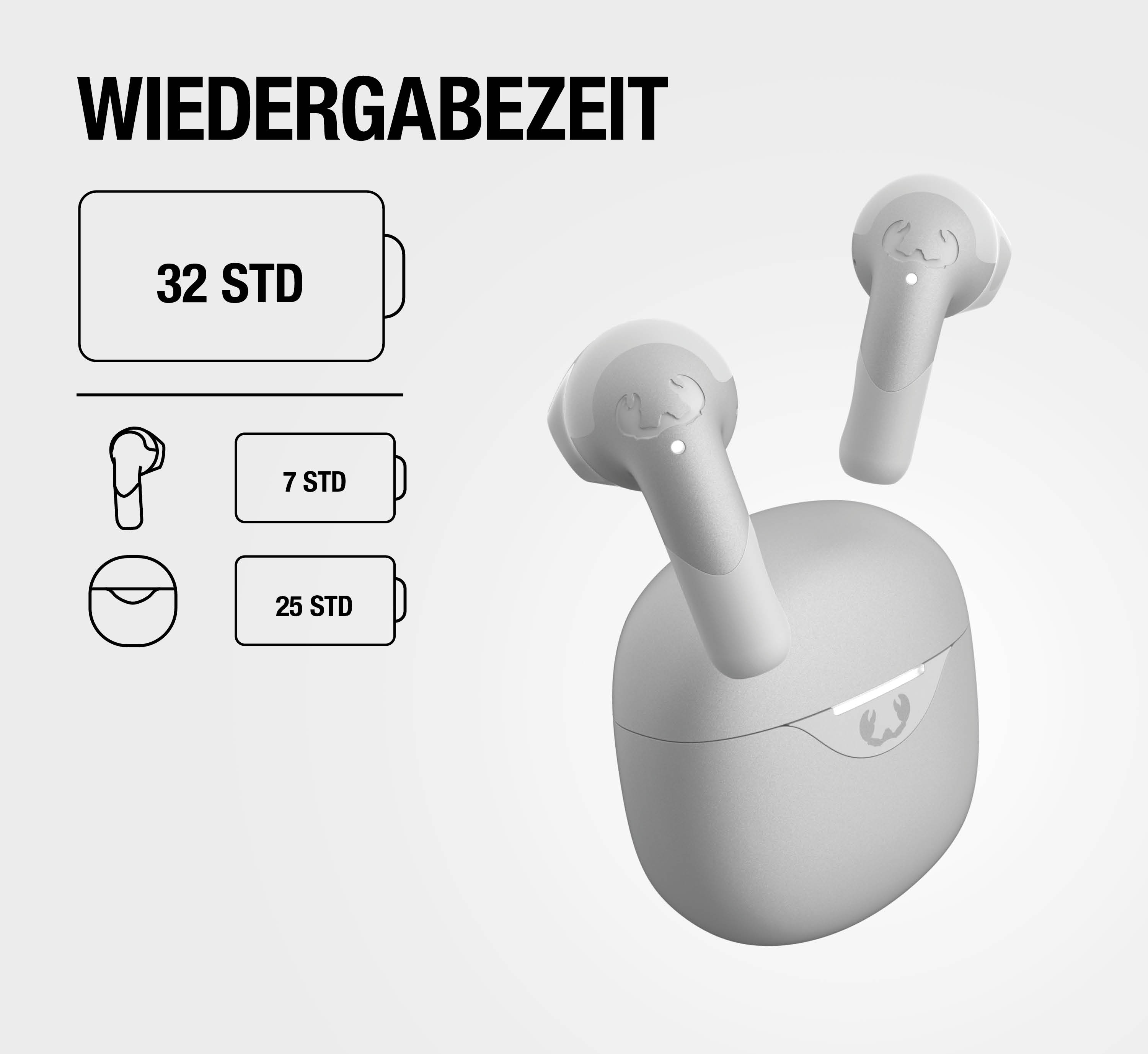 Weiße kabellose Ohrhörer mit Ladecase, 32 Std Wiedergabezeit.