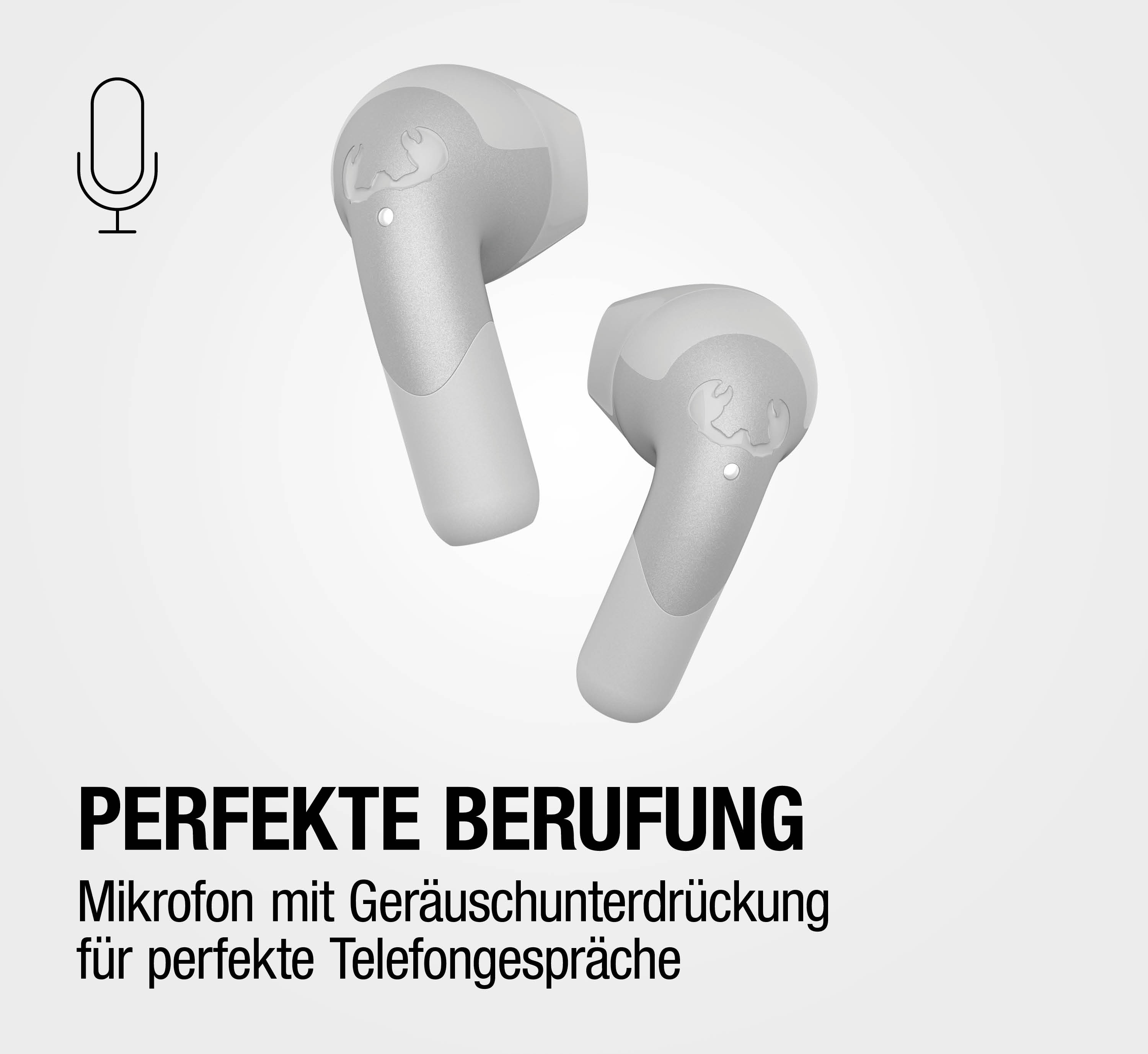 Zwei weiße Ohrhörer mit Mikrofon-Symbol und Text.