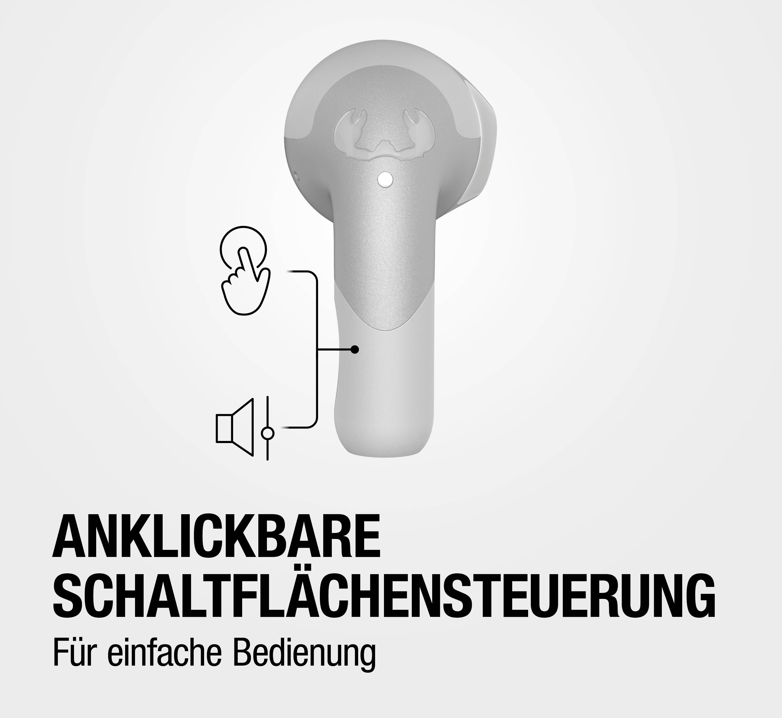 Ein einzelner weißer Kopfhörer mit Touch-Steuerung und Lautsprechersymbol.