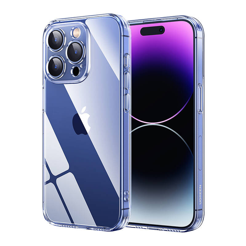 Przezroczyste etui na iPhone z logo Apple, pokazujące ekran i kamery.