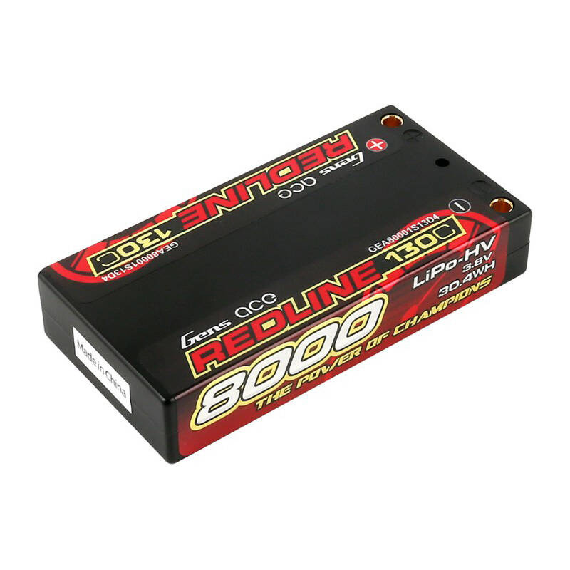 Czarny akumulator Gens ace 8000mAh LiPo-HV 3,8V 130C z czerwono-żółtymi etykietami.