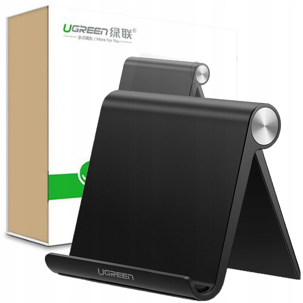 Czarny stojak na tablet UGREEN pokazany przed opakowaniem.