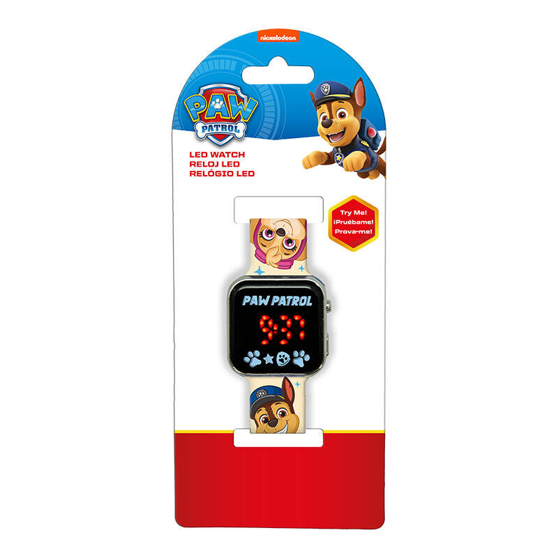 Orologio LED Paw Patrol con personaggi Chase e Skye su cinturino crema.