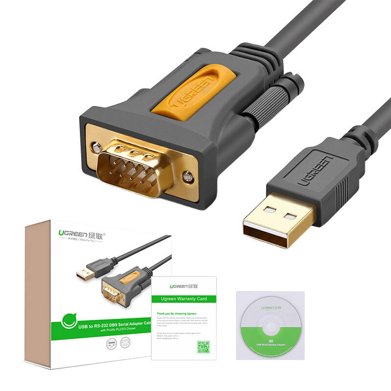 Un cavo adattatore UGREEN da USB a RS-232 DB9 con connettore placcato oro.
