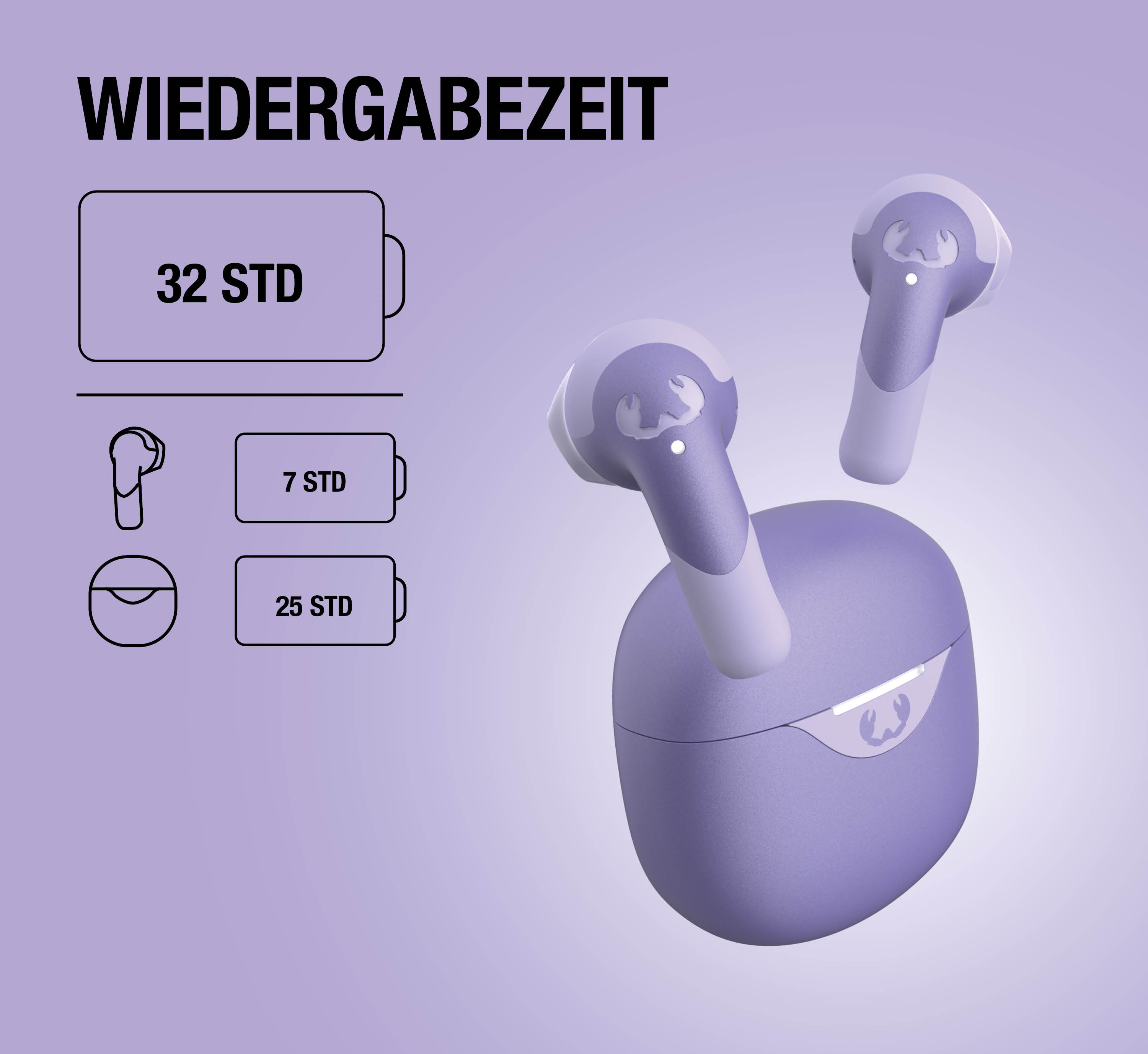 Lila kabellose Ohrhörer mit Ladeetui. Wiedergabezeit: 32 Std. Gesamt, 7 Std. pro Ohrhörer, 25 Std. mit Ladeetui.