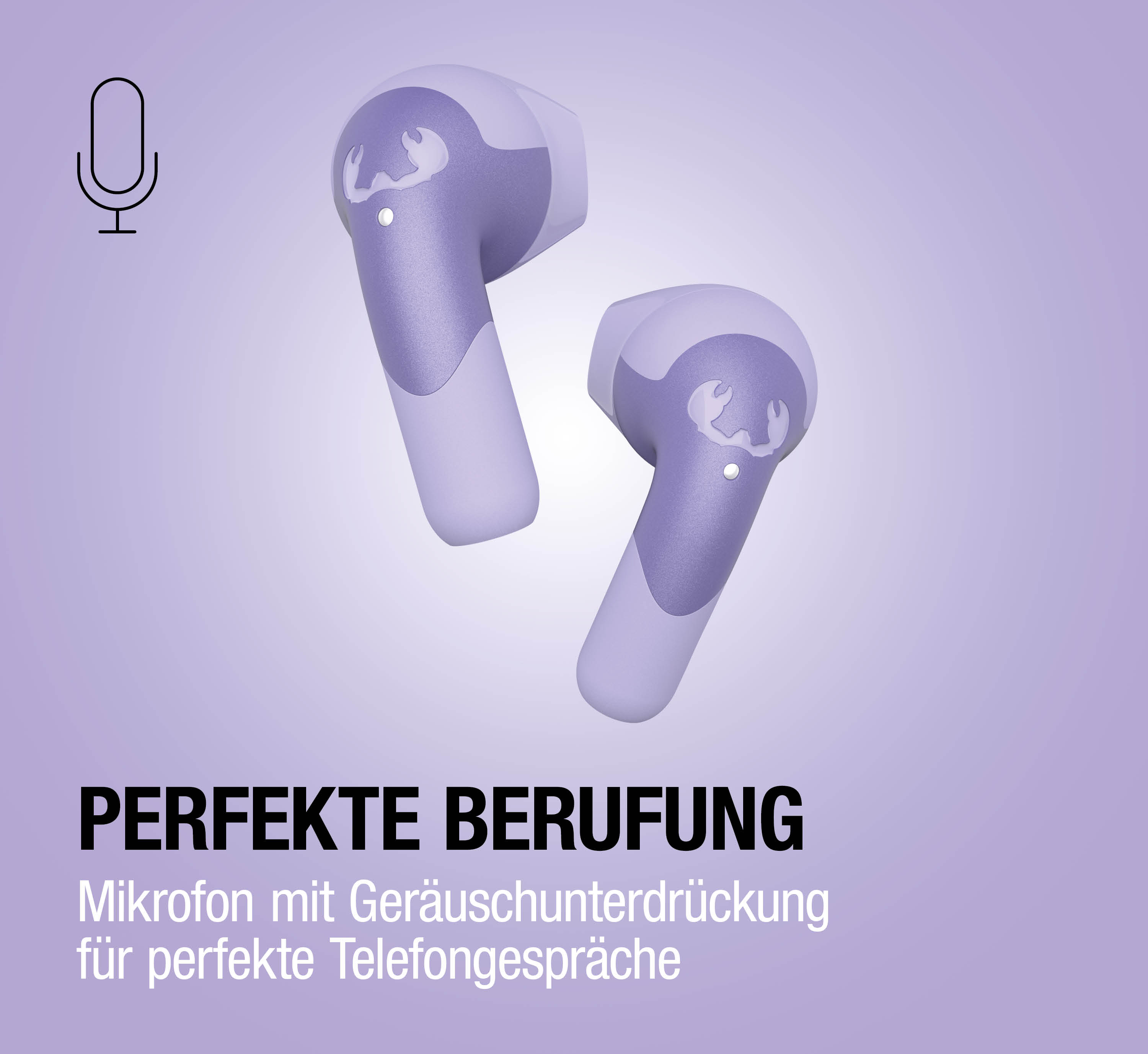 Zwei lavendelfarbene Kopfhörer mit Mikrofon-Symbol. Text: Perfekte Berufung.