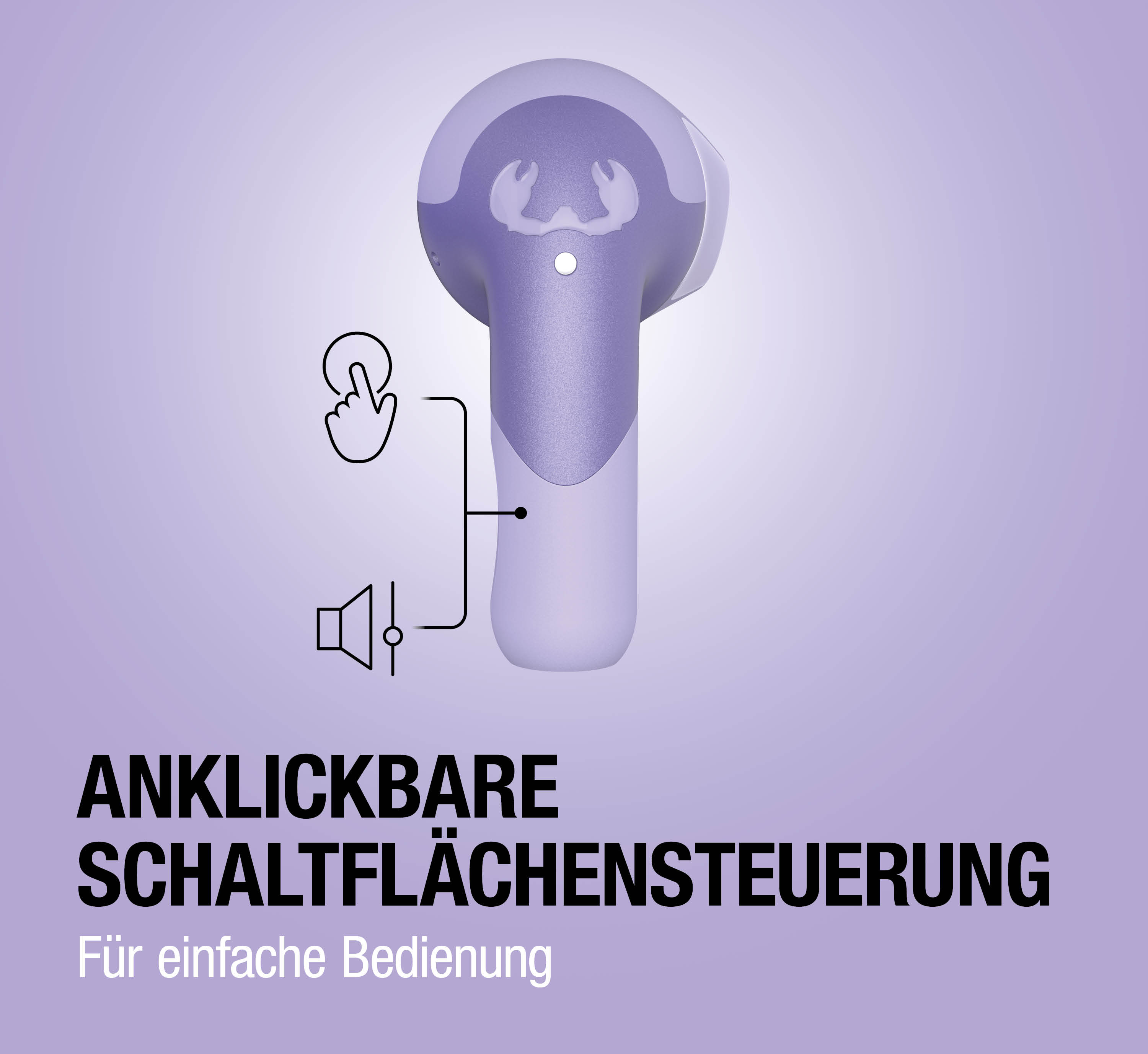 Lila Kopfhörer mit Touch-Steuerung und Lautsprechersymbol.