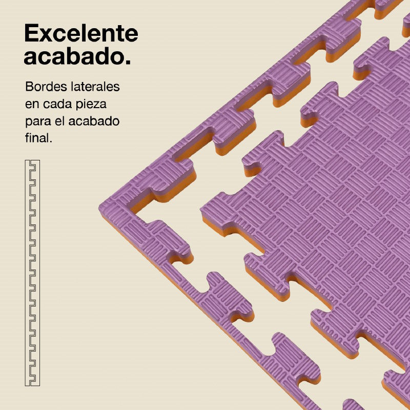 Tapetes de rompecabezas morados entrelazados con bordes naranjas y laterales.