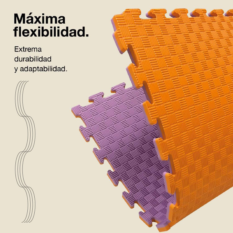 Dos alfombras entrelazadas: una naranja y una morada, con textura de patrón.