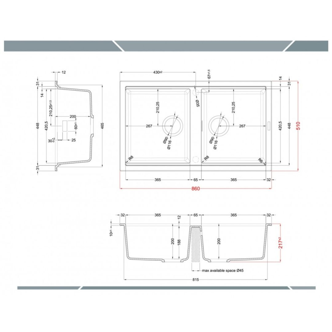 Disegno tecnico di un lavello a due vasche, con viste e dimensioni.