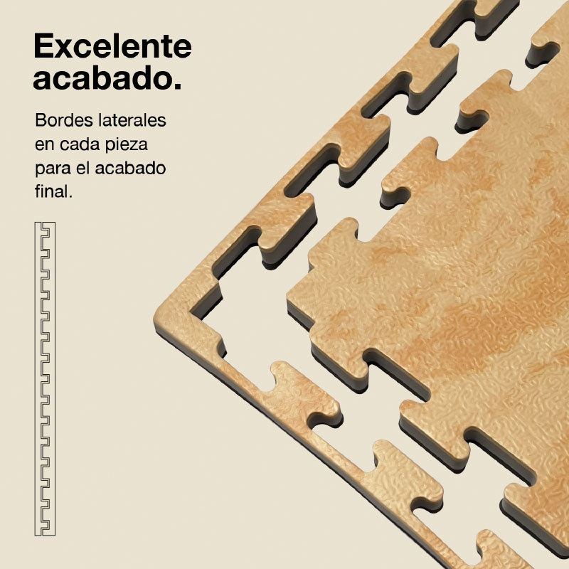 Primer plano de dos tapetes de rompecabezas con veta de madera que muestran bordes laterales.