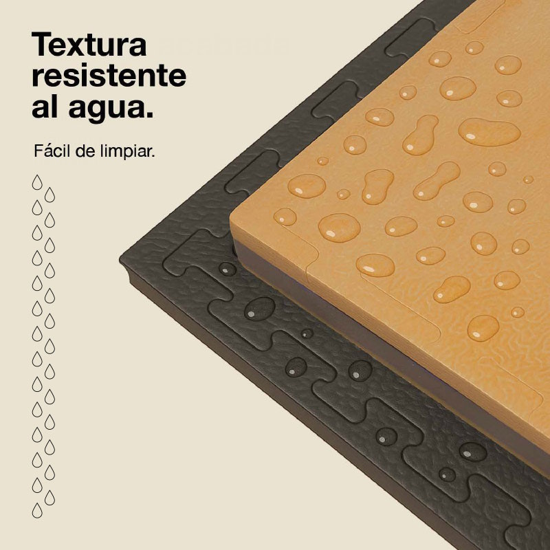 Superficie resistente al agua con gotas de agua en dos niveles.