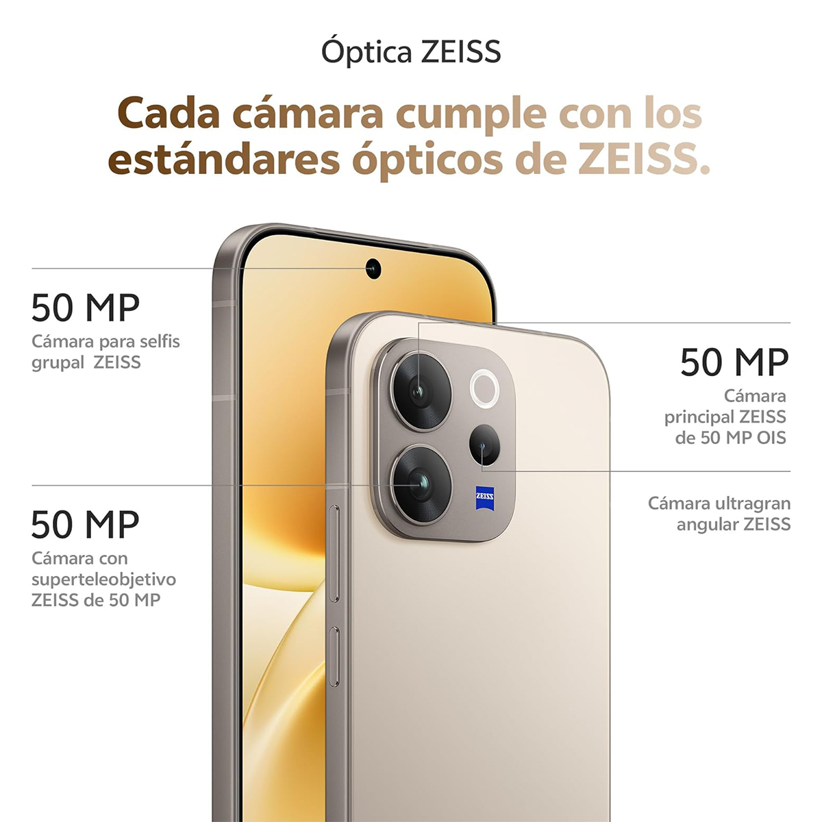 Óptica Zeiss: cámara principal 50 MP, selfie 50 MP, teleobjetivo 50 MP.