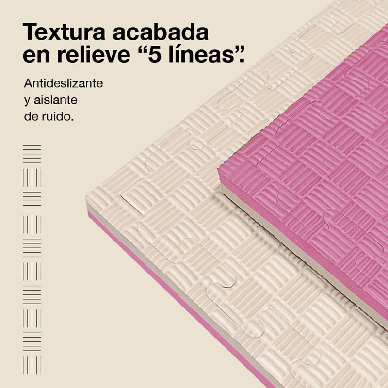 Dos alfombrillas de espuma con relieve: una blanca, una rosa. Antideslizante.
