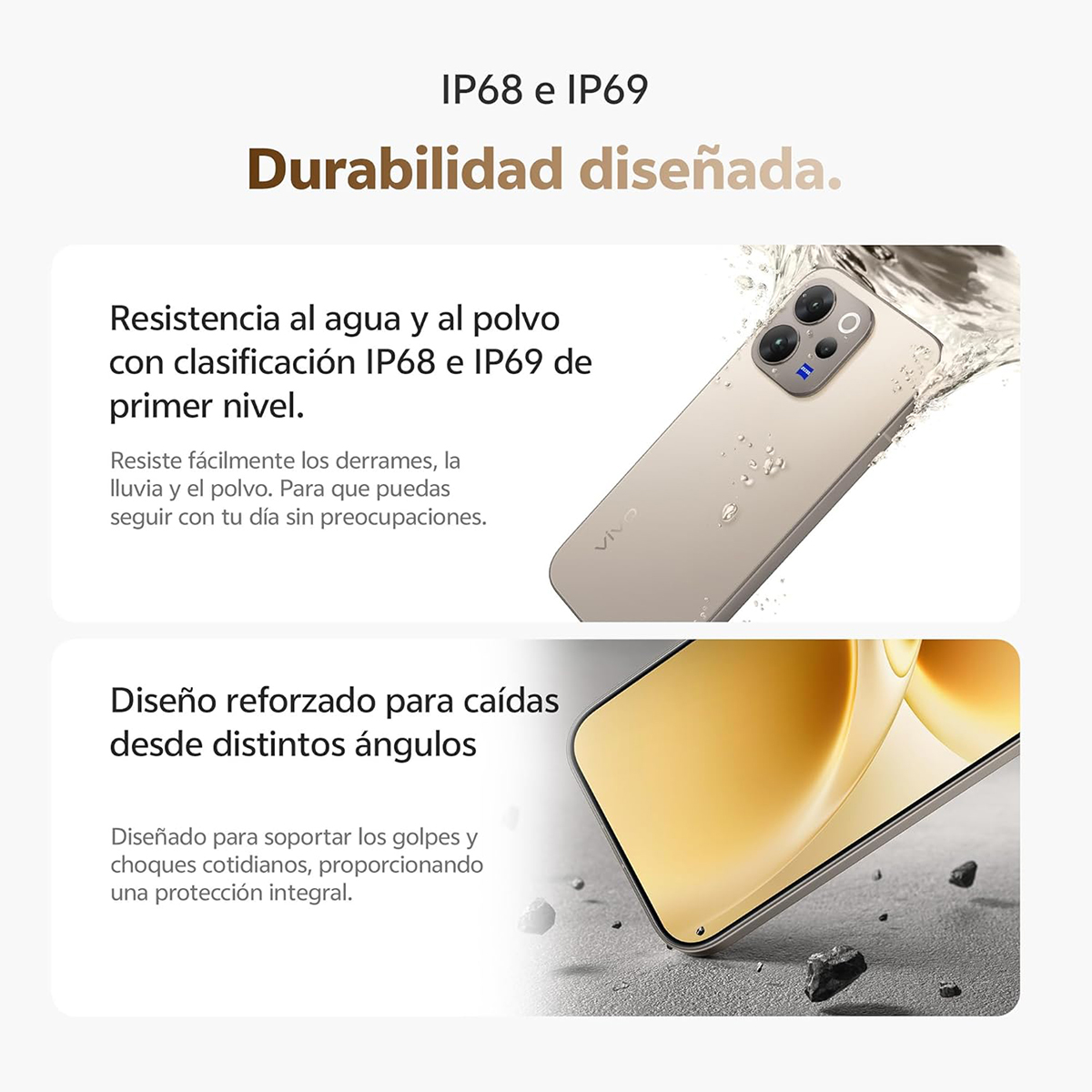Un teléfono salpicado de agua, otro muestra su esquina reforzada sobre hormigón.