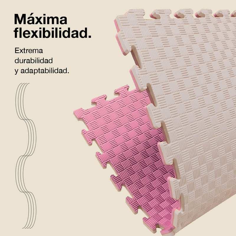 Dos alfombras de espuma rosa y blanca entrelazadas con patrón de rejilla.