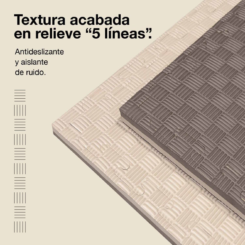 Dos esterillas de puzzle con textura en relieve de 5 líneas, una beige y otra gris.