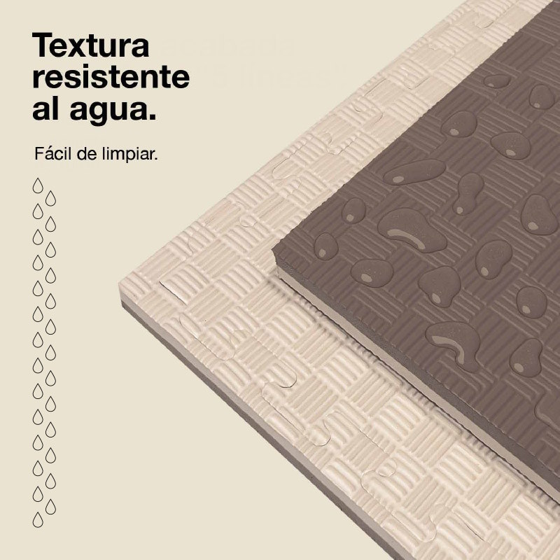 Dos alfombras de rompecabezas, una marrón con gotas de agua, una crema.